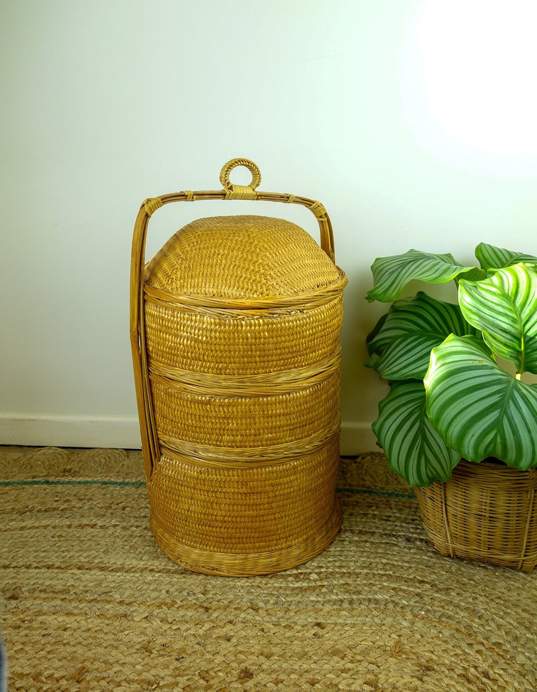 Vintage Chinese Wedding Basket Storage 1970s Boho Wicker Bamboo