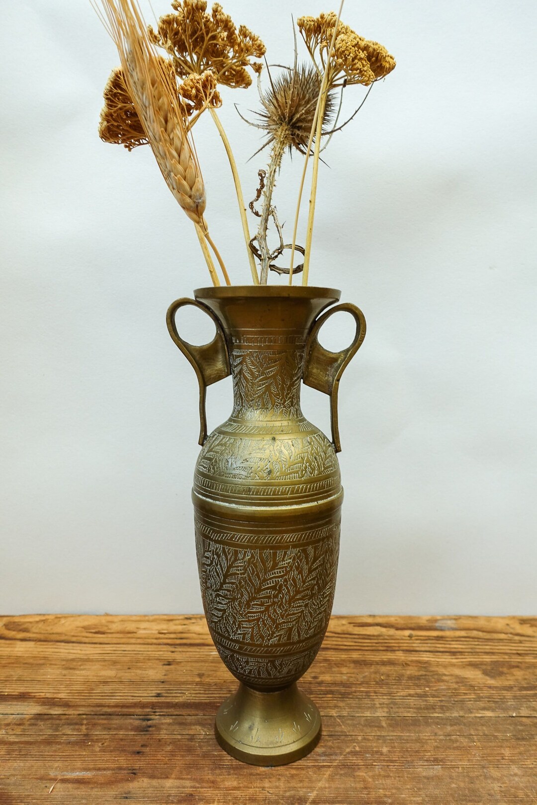 Tall Engraved Indian Brass Vase Urn Shape Two Handle Boho Etsy