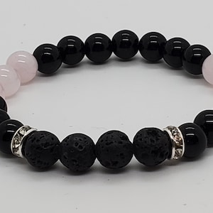 Black Obsidian, Rose Quartz & Lava Essential Oil Diffusing Gemstone Mala Bracelet