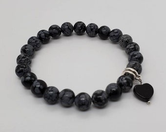 Stretch Bracelet Snowflake Obsidian Bracelet,6mm Genuine Obsidian Bead Bracelet,Unisex Bracelet Snowflake Obsidian gemstone Balance Stone
