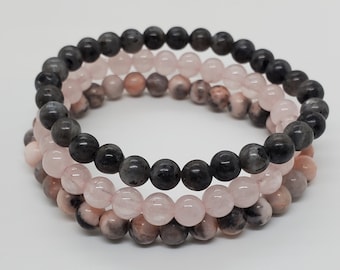 2-Rose Quartz, Pink Zebra Jasper and Norwegian Labradorite Gemstone Mala Bracelet Trio