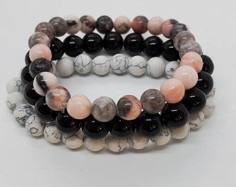 1-Black Obsidian, White Howlite and Pink Zebra Jasper Gemstone Mala Bracelet Trio