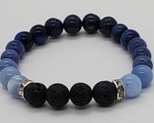 Sodalite, Lapis Lazuli, Blue Spot Jasper, Aquamarine and Lava Essential Oil Diffusing Gemstone Mala Bracelet