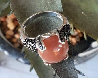Vintage Sterling Silver Pink Opal Ring With Black Cz's Agate Diamonds Dark