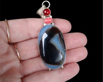 Vintage Sterling Silver and Blue Brown and Black Druzy Agate Pendant Coral Ruby Cabachon Geode