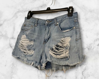Vintage Ripped Holey Light to Medium Color Denim Shorts High Rise Short GoGo Brand Jeans Size 7 Fits like a 5 Punk