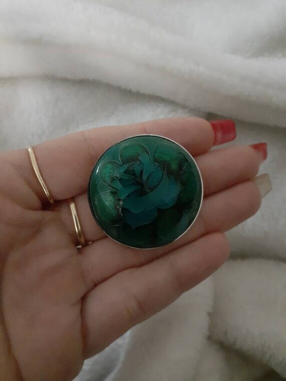 Vintage Green Blue Pendant/Brooch Floral Flower R… - image 7