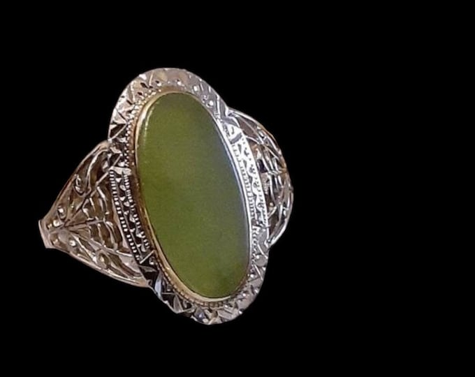 Featured listing image: Art Deco White And Yellow Gold Jade Ring Jadeite Genuine Antique Round Dainty 10k Tri Color Gold Filigree Etched Rare Nouveau Egyptian