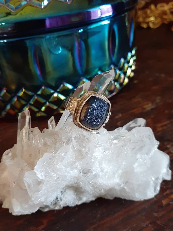 Vintage Sterling Silver And Blue Geode Druzy Ring… - image 7