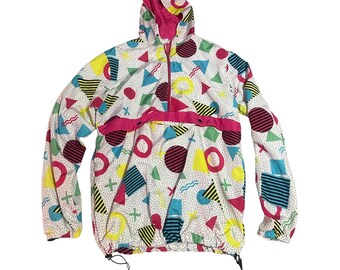 Vintage Colorful 90s Windbreaker Jacket Coat Black Pink Yelloe Bkue Green XL Adult Geometric Hooded Half Zip Up