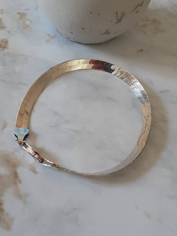 Vintage Sterling Silver Heringbone Flat Bracelet … - image 3