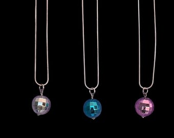 Sterling Silver Hanging Disco Ball Necklace Pink Blue Silver Shiny 70s Dance