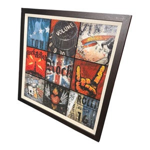 May include: A framed wall art piece featuring a grid of nine distinct rock and roll themed panels. The imagery includes a volume knob, a hand making a rock sign, a skull, a heart with wings, and text such as Volume, Rock, and Roll, August 16.