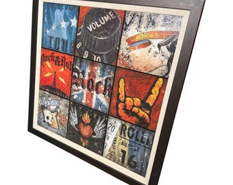 27W"x 27H” ROCK N ROLL Vintage by Aaron Christensen Patch Musical Tribute CANVAS Black Frame