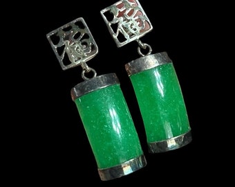 Vintage Sterling Silver And Block Of Jade Earrings Dangle Chinese Writing Jade Slightly Curved Shape
