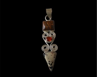 Vintage Sterling Silver Dalmatian Jasper Gemstone and Brown Jasper Pendant Multiple Stones Boho Groovy