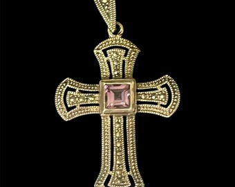 Vintage Sterling Silver Amethyst and Marcasite Cross Pendant