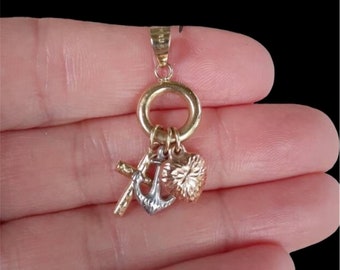Vintage Tri color White, Yellow, and Rose Gold Pendant. Dangle Drop Heart, Anchor, Cross Charms Necklace Love Gift 10k