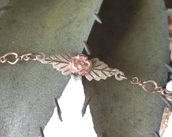 Vintage Antique Tri Color Yellow And Rose Gold Bracelet With Rose Flower Center With Leaves Minimalist 10k Delicate Dainty