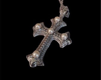 Stainless Steel Cross With Pearl's Pendant On Adjustable Chain Necklace