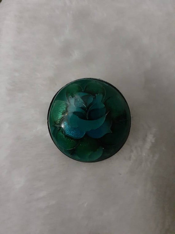 Vintage Green Blue Pendant/Brooch Floral Flower R… - image 2
