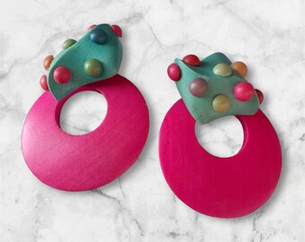 Vintage 80's Neon Colorful Drop Confetti Button Pop Candy Wood Earrings