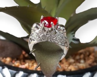 Skulls and Heart with Blood Red Ruby Stone and Lotus Flower Ring Wedding Engagement True Love