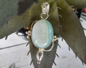 Vintage Sterling Silver Caribbean Blue and White Calcite Natural Druzy Geode Quartz Pendant