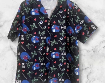 Black Heartbroken Anime Short Sleeve Button-up Shirt Unique Colorful Unisex Adult Top Vintage XSmall Shirt
