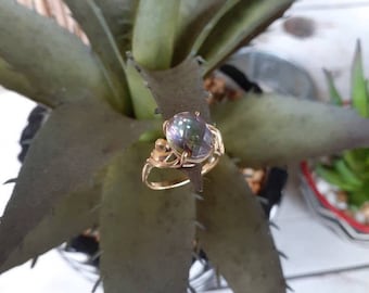 Vintage Yellow Gold Mystic Topaz Ring Magical Iridescent Colorful 14k Boho Big Round Oval Aesthetics
