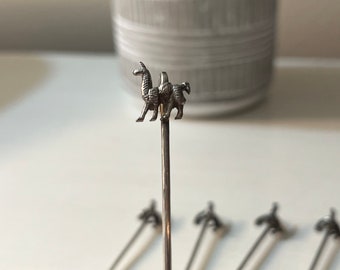 Vintage Set of 7 Cute Lama Sterling Silver Cocktail Fork Stick Appetizers Party