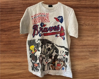 Vintage 1991 Rare Unique National League Champions Atlanta Braves Looney Tunes Tshirt Grey Baseball Team Adult Large Tweety Bird Taz Bugs