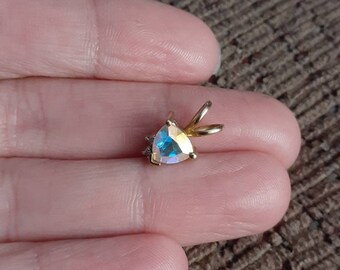 Vintage 10k Yellow Gold And Iridescent Gemstone Pendant With 2 Diamonds Colorful Minimalist Dainty Whimsical