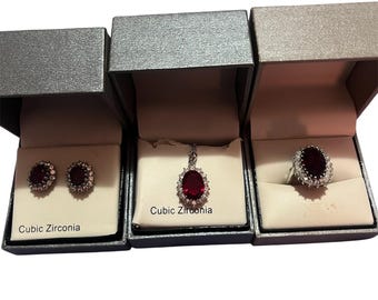 Vintage Costume Jewelry Set With Ring Necklace Earrings Ruby and Cubic Zirconias