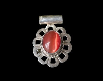 Vintage Sterling Silver and Pink Tiger's Eye Pendant and Earring Set Clip Ons Pendant Shimmer Round Peach Charm