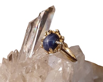 Vintage 14k Yellow Gold With Genuine Blue Star Saphire Ball Nugget Ring Sphere Round Square Chunk Shaped Rare