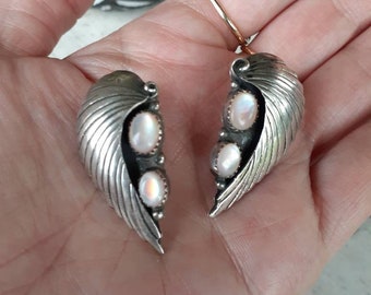 Vintage Sterling Silver Moonstone Angel Wing Earrings! Antique Art Deco Boho Rainbow Irridescent