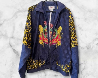 Vintage Lion Scroll Gold And Purple Jacket Coat Crown King Queen Adult Size Large 80s 90s Colorful Thin Bomber