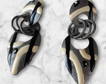Vintage 80's Silver, Cream and Black Drop Design Earrings