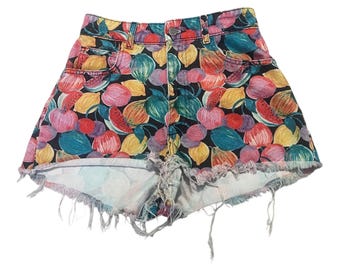 Vintage denim shorts vibrant multi-color fruit pattern colorful Frayed High Waist Rise Lemons Watermelon Cherries