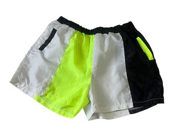 Vintage Neon Yellowish-Green Black and White Geometric Shorts Half And Half Two Toned Unique Cool