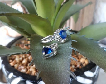 Vintage Chuck Clemency Saphire and White Gold With Diamonds Jewelry Set Ring and Pendant Charm Engagement Wedding Set