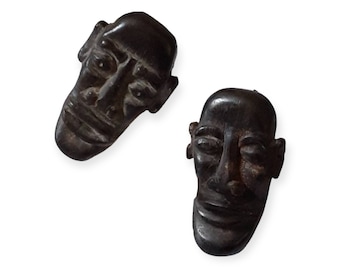 Vintage African Carved Wood Face Hankok USA Suit Cufflinks Rare Tribe Man Mens Suit Accessories Modernist Tribal Wooden Silver West Long