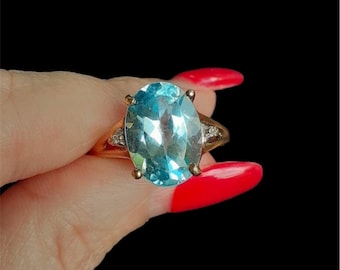Vintage 14k Yellow Gold And Swiss Blue Topaz With 2 Diamonds Ring Oval Round Big Gift Magical Crystal Natural Genuine