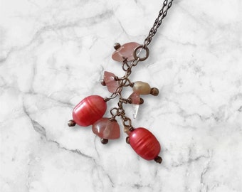 Vintage Children's Sterling Silver Necklace With Hanging Rose Quartz And Cultured and Freshwater Pearl's Peach And Cream Pink Orange Dangle