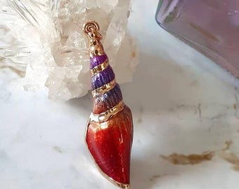 Colorful And Yellow Gold Trimmed Seashell Pendant Big Long Beach Vibes Boho For A Necklace Purple Blue Green Red Orange Whimsical