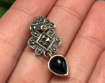 Vintage Sterling Silver Marcasite And Onyx Drop Pendant