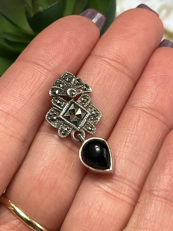 Vintage Sterling Silver Marcasite And Onyx Drop P… - image 1