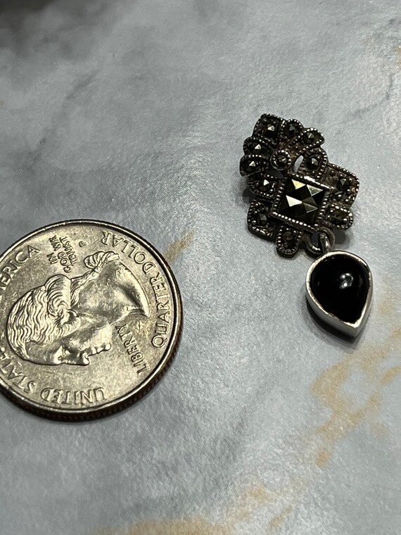 Vintage Sterling Silver Marcasite And Onyx Drop P… - image 3