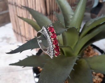 Antique Georgian Ruby And Sterling Silver Cocktail Estate Cluster Square Tall Longated Ring Wide 1800s Brass 925 Mid Century Wedding Big